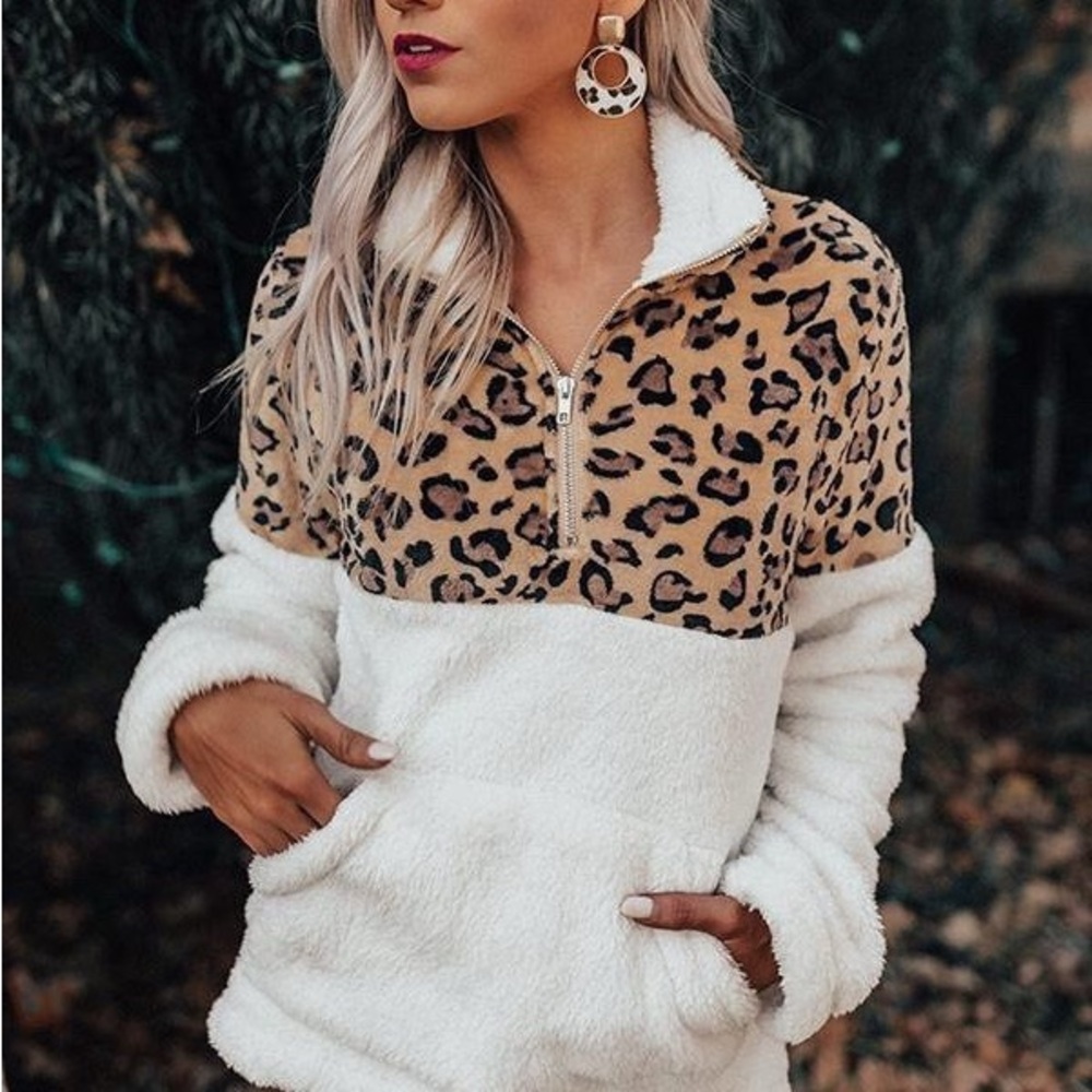 Leopard Print and White Fleece Pullover animal print quarter zip